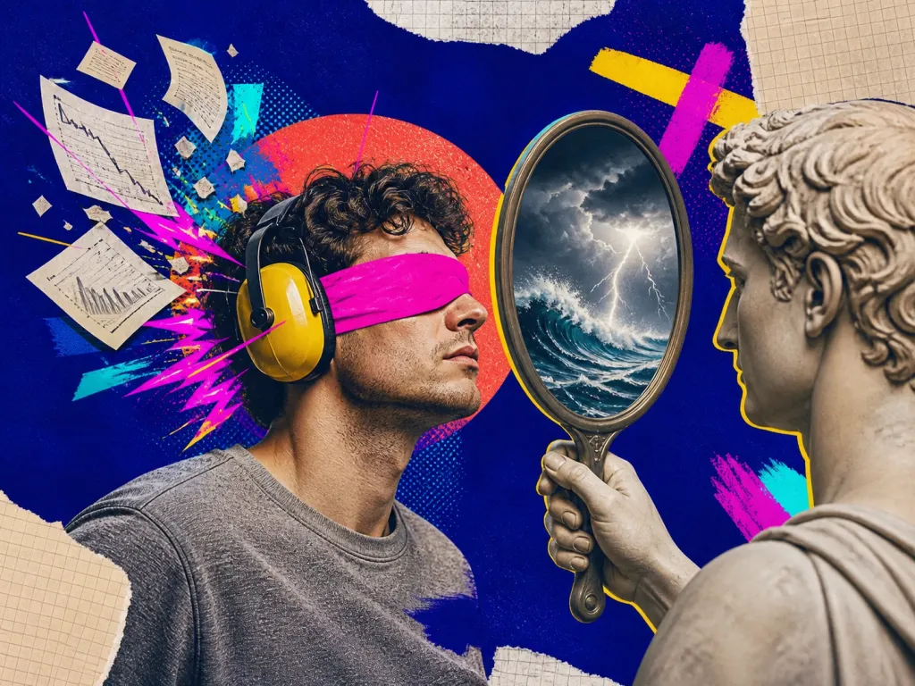 Electric editorial collage illustrating Conservatism Bias