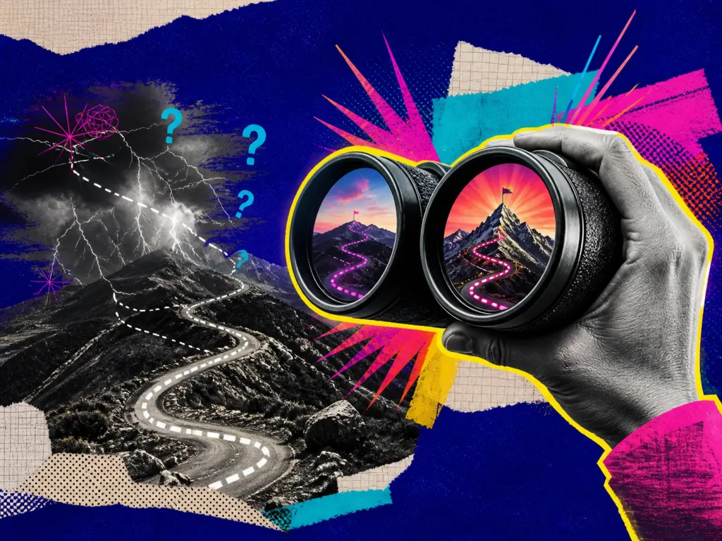 Electric editorial collage illustrating Hindsight Bias