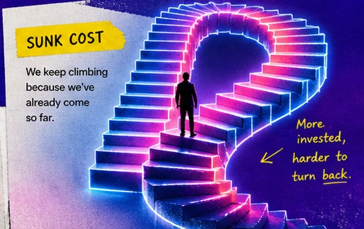 Sunk cost: a person stands on a looping neon staircase