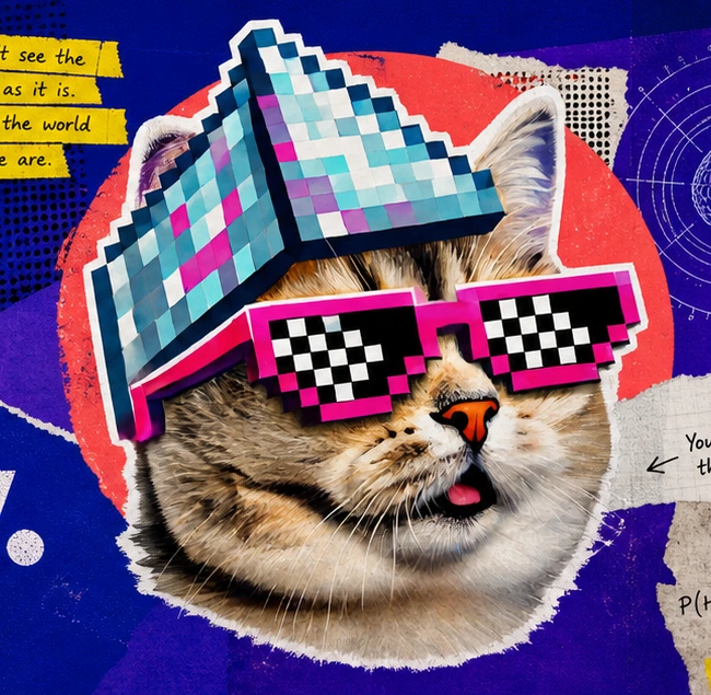 Cat wearing a mirrored thinking cap and pixel sunglasses